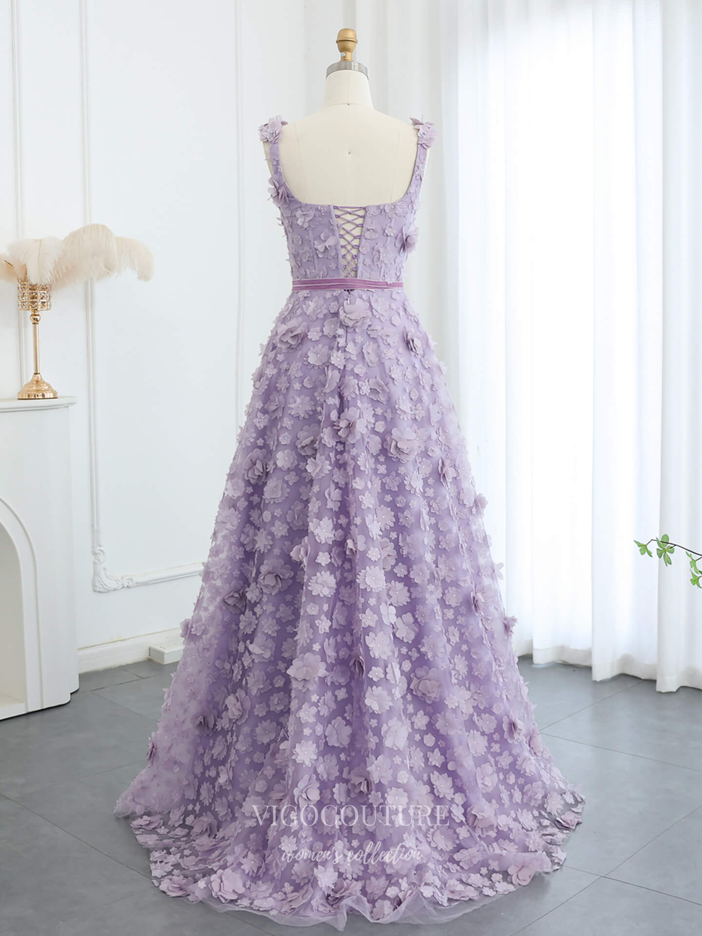 Prom Dresses 2025 to impress Lavender 3D Floral Appliqué A-Line Evening Gown with Square Neckline & Lace-Up Back – 26017-vigocouture-vigocouture