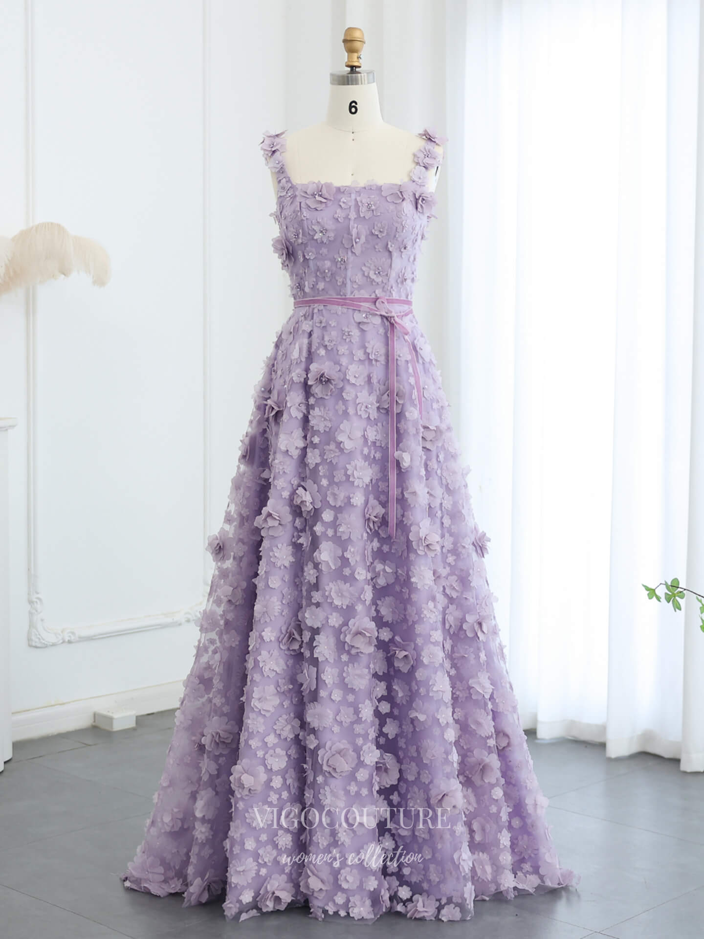 Lavender 3D Floral Appliqué A-Line Evening Gown with Square Neckline & Lace-Up Back – 26017