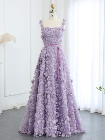 Lavender 3D Floral Appliqué A-Line Evening Gown with Square Neckline & Lace-Up Back – 26017