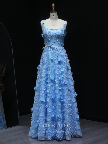 Light Blue 3D Floral Appliqué A-Line Evening Gown with Square Neckline & Lace-Up Back – 26017