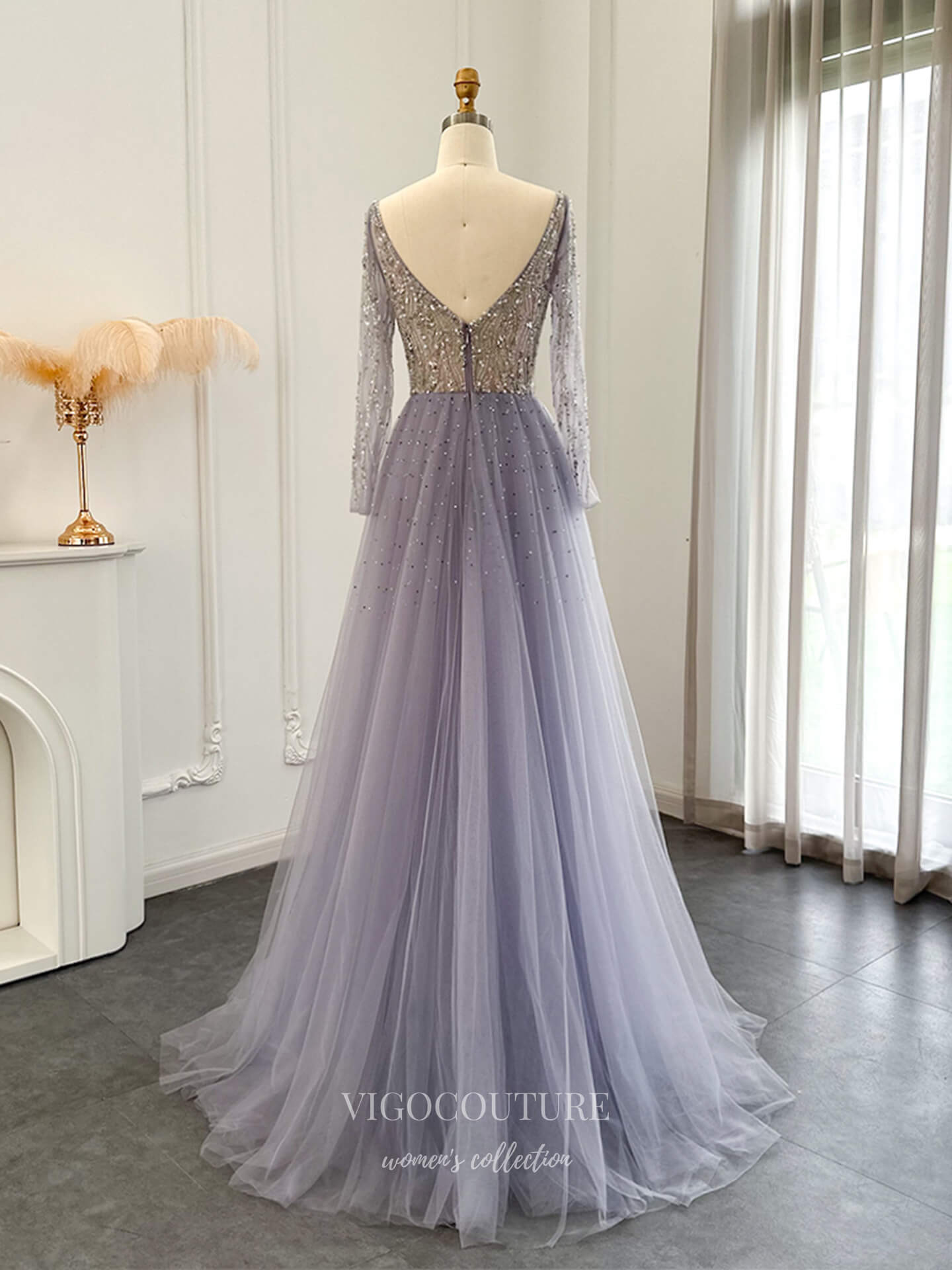 Evening Gown 2025 to impress Lavender Allover Beaded Long Sleeve Evening Gown with Deep V Neck & Flowing Tulle Skirt – 26031-vigocouture-vigocouture