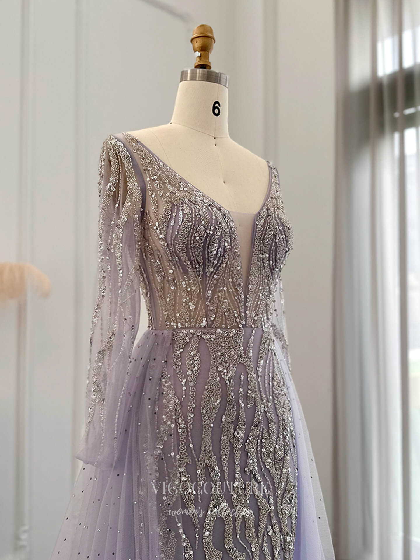 Evening Gown 2025 to impress Lavender Allover Beaded Long Sleeve Evening Gown with Deep V Neck & Flowing Tulle Skirt – 26031-vigocouture-vigocouture