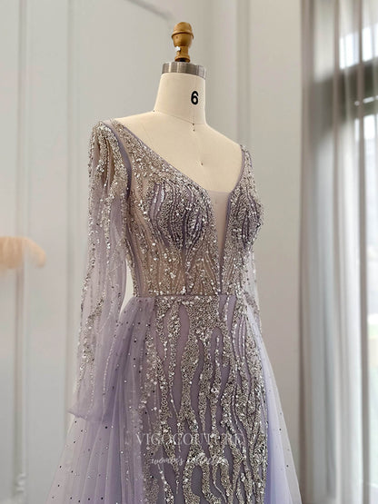 Evening Gown 2025 to impress Lavender Allover Beaded Long Sleeve Evening Gown with Deep V Neck & Flowing Tulle Skirt – 26031-vigocouture-vigocouture
