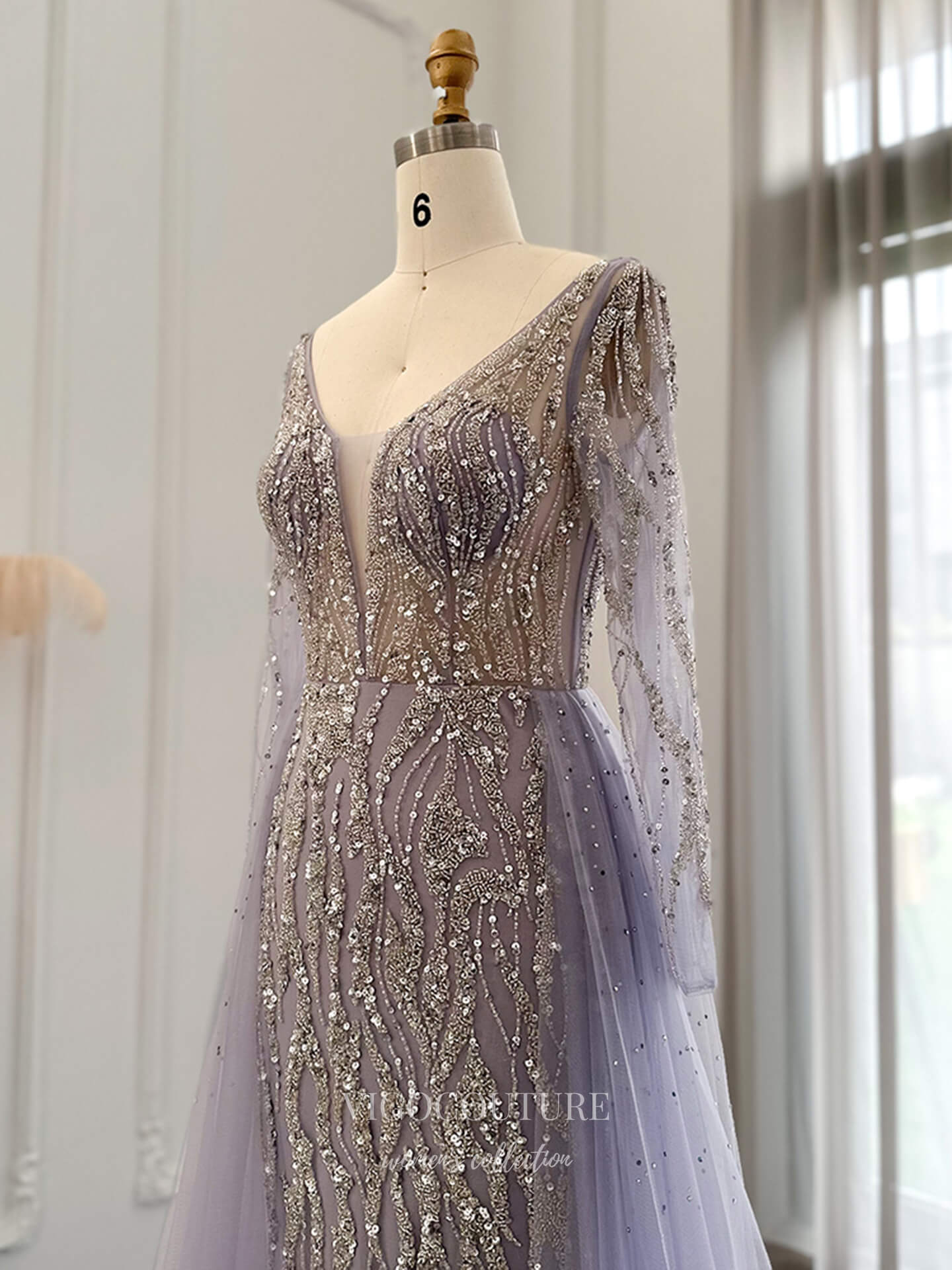 Evening Gown 2025 to impress Lavender Allover Beaded Long Sleeve Evening Gown with Deep V Neck & Flowing Tulle Skirt – 26031-vigocouture-vigocouture