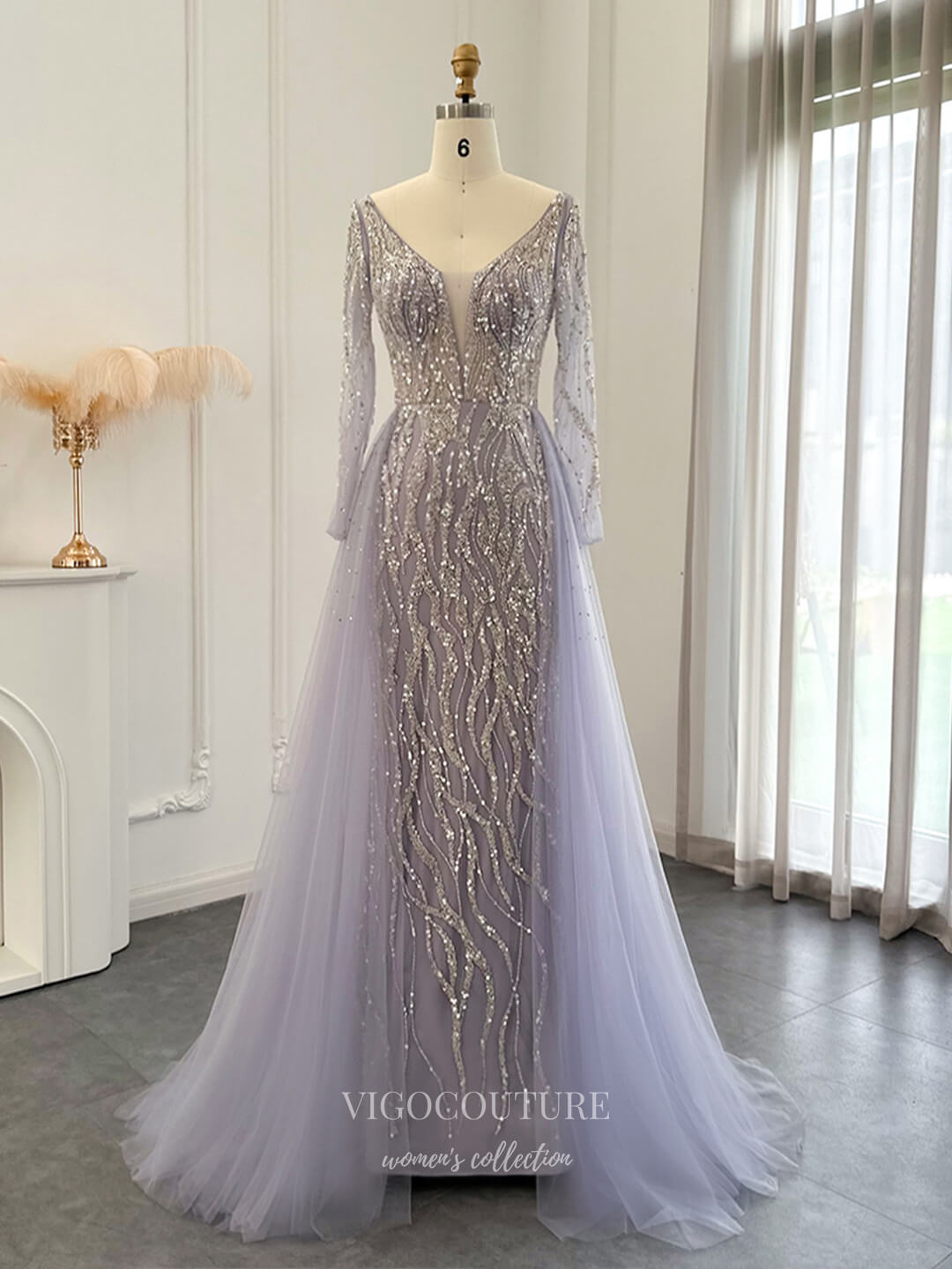 Lavender Allover Beaded Long Sleeve Evening Gown with Deep V Neck & Flowing Tulle Skirt – 26031