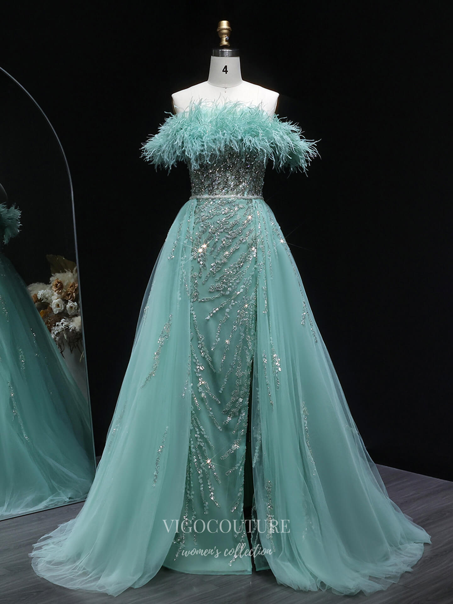 Green Off-the-Shoulder Feather Trim A-Line Evening Gown with Beaded Bodice & Sparkly Tulle Overskirt – 26028