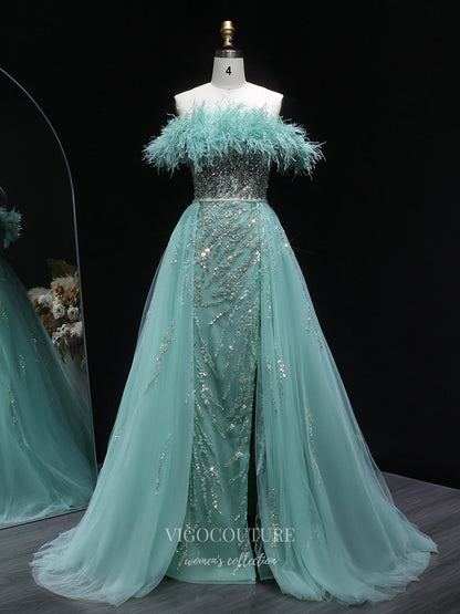 Green Off-the-Shoulder Feather Trim A-Line Evening Gown with Beaded Bodice & Sparkly Tulle Overskirt – 26028