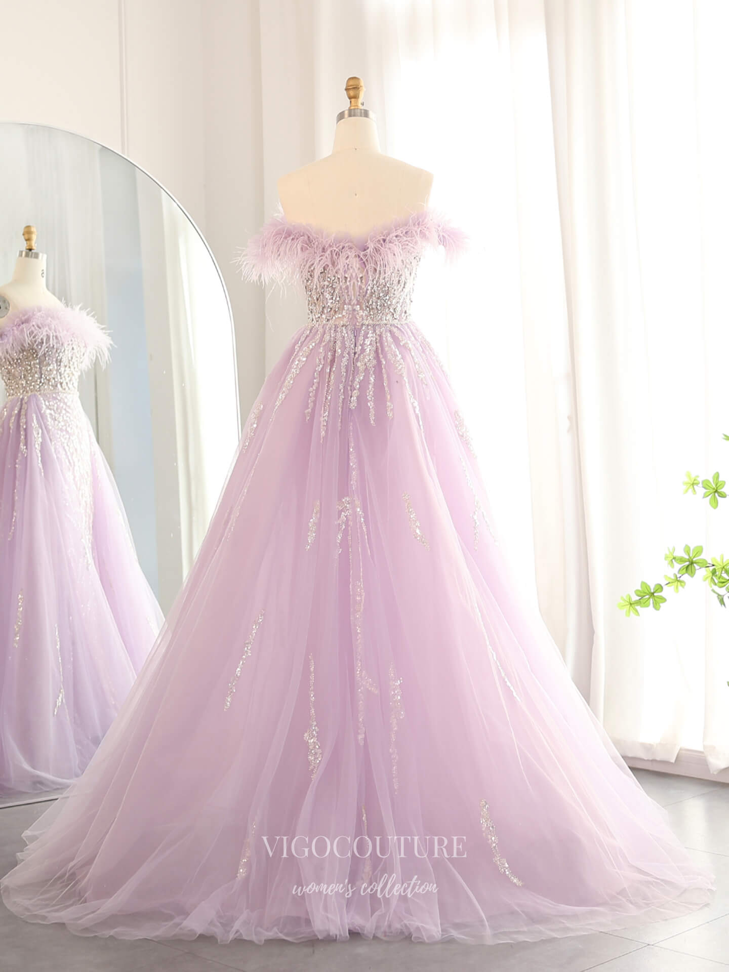 Evening Gown 2025 to impress Lavender Off-the-Shoulder Feather Trim A-Line Evening Gown with Beaded Bodice & Sparkly Tulle Overskirt – 26028-vigocouture-vigocouture