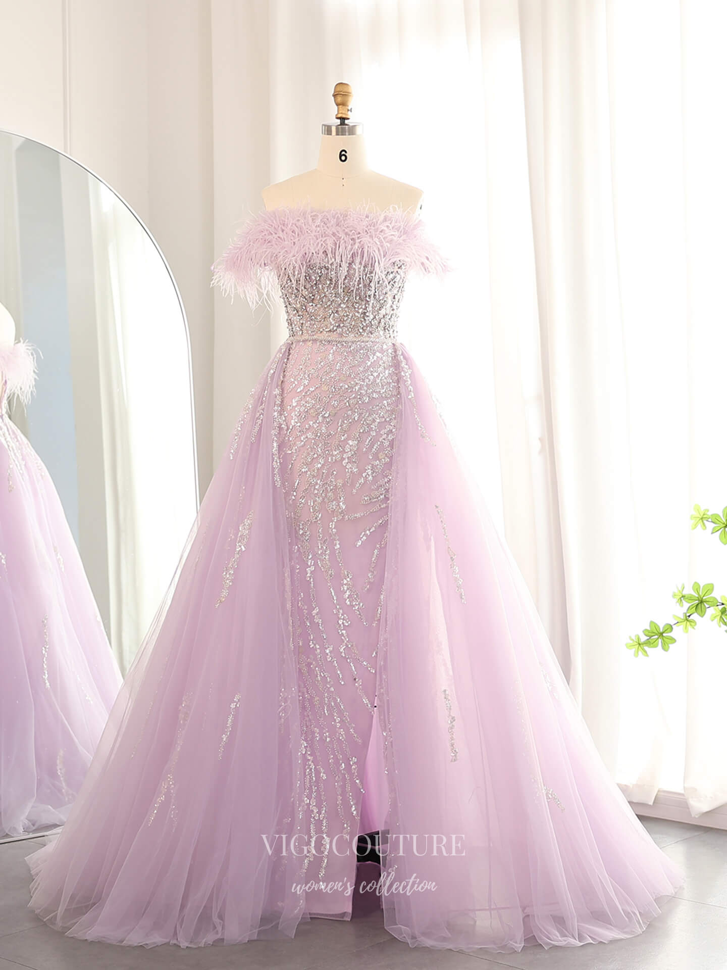 Lavender Off-the-Shoulder Feather Trim A-Line Evening Gown with Beaded Bodice & Sparkly Tulle Overskirt – 26028