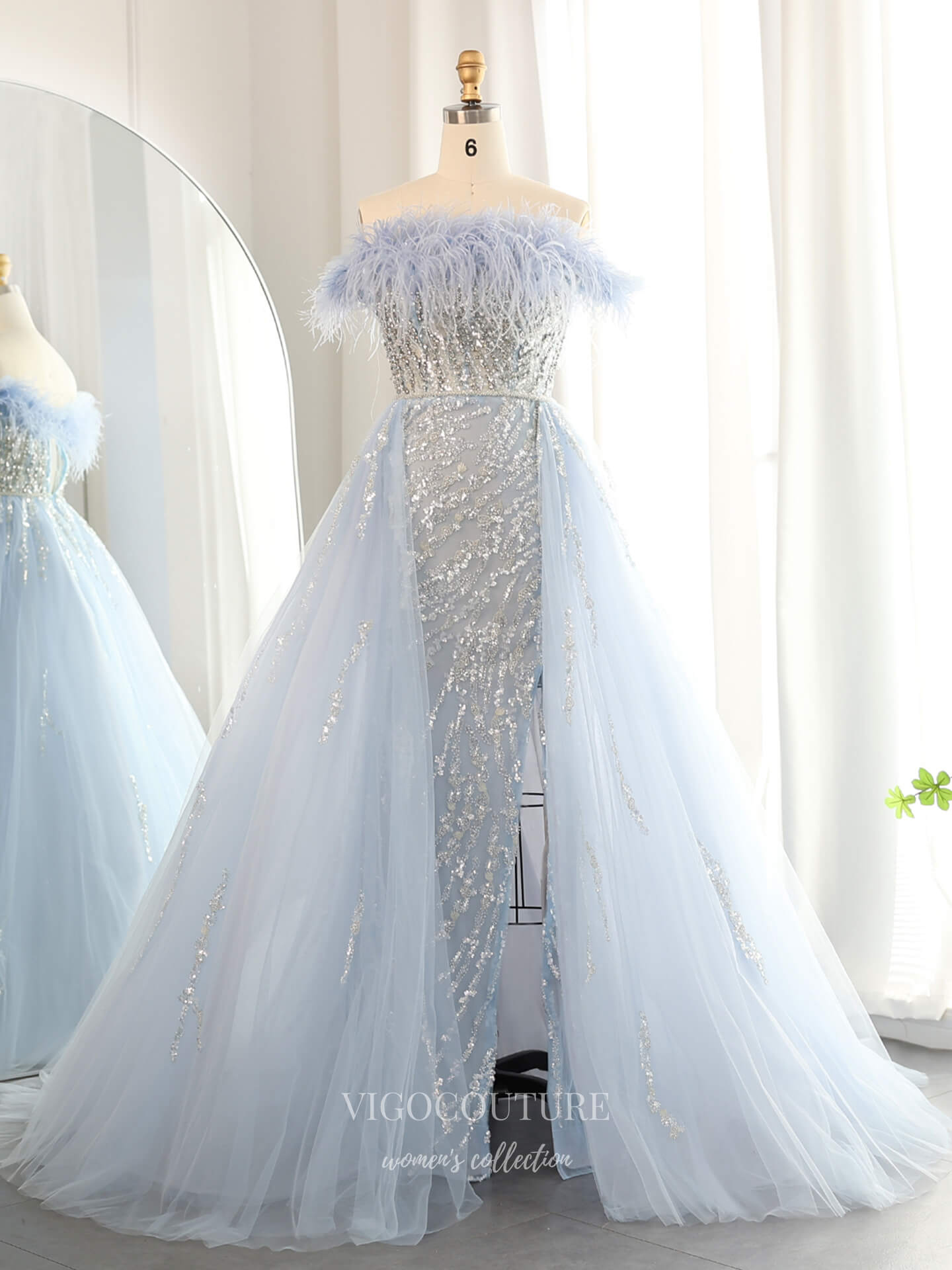 Light Blue Off-the-Shoulder Feather Trim A-Line Evening Gown with Beaded Bodice & Sparkly Tulle Overskirt – 26028