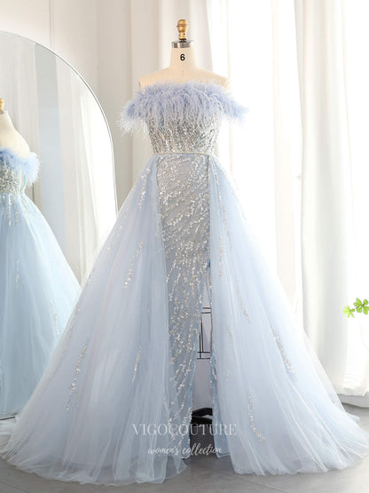 Light Blue Off-the-Shoulder Feather Trim A-Line Evening Gown with Beaded Bodice & Sparkly Tulle Overskirt – 26028