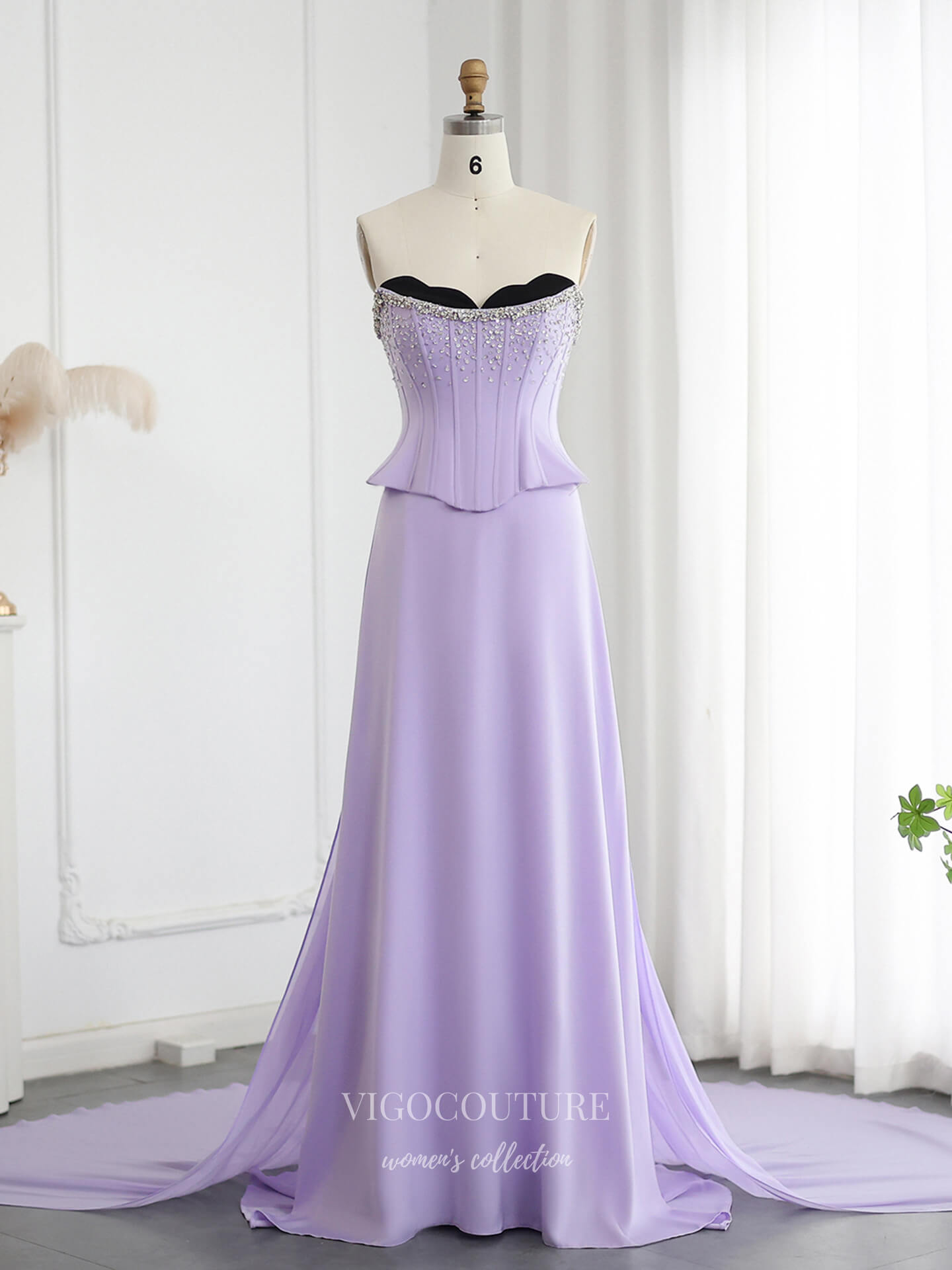 Lavender Strapless Corset Evening Gown with Crystal Beaded Bodice & Flowing Chiffon Skirt – 26030