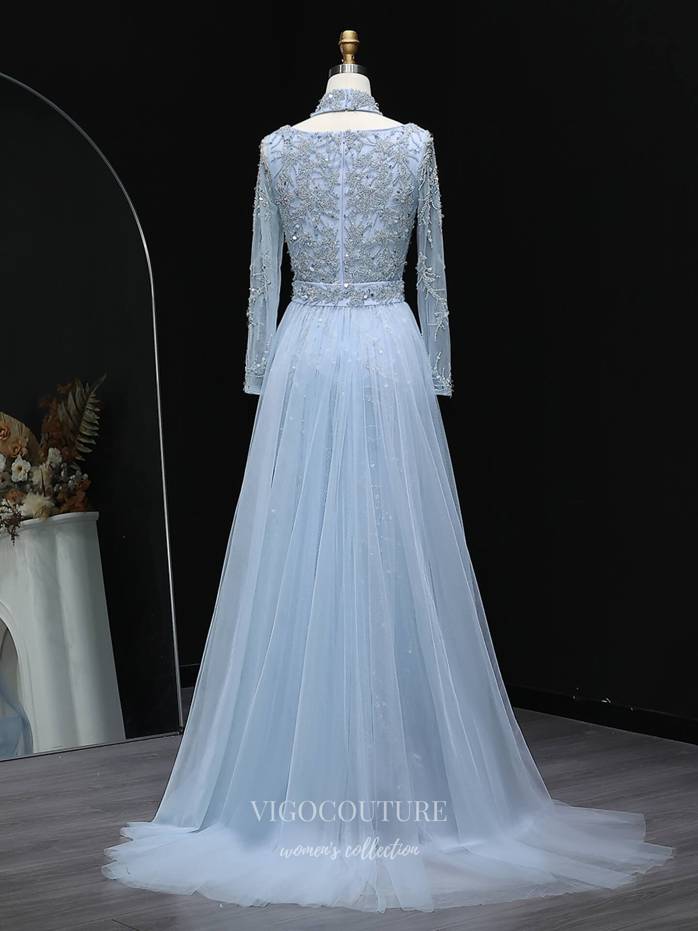 Evening Gown 2025 to impress Light Blue Beaded A-Line Evening Gown with Sheer Overlay Tulle Skirt, V Neck & Long Sleeves – 26036-vigocouture-vigocouture