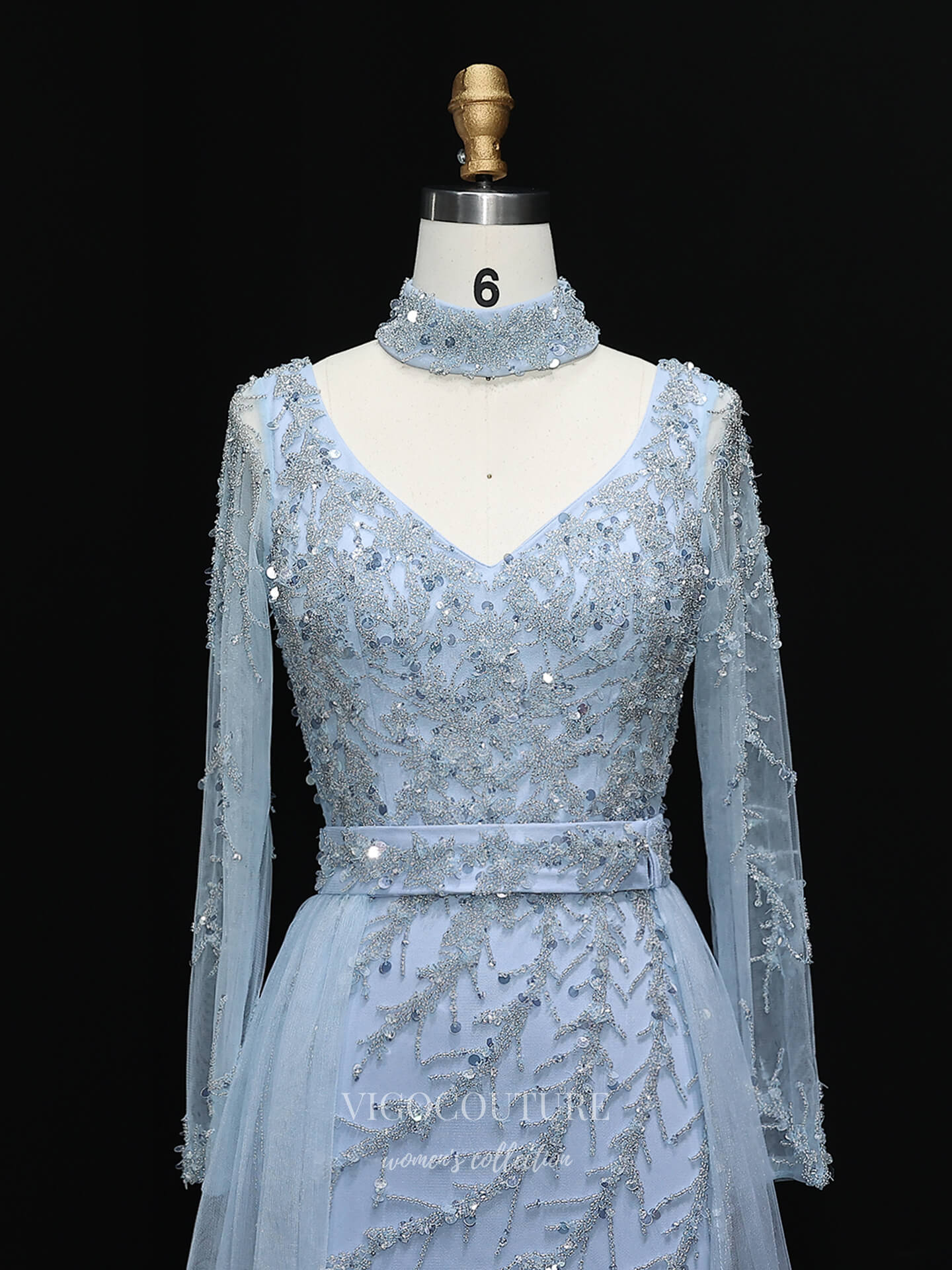 Evening Gown 2025 to impress Light Blue Beaded A-Line Evening Gown with Sheer Overlay Tulle Skirt, V Neck & Long Sleeves – 26036-vigocouture-vigocouture