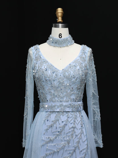 Evening Gown 2025 to impress Light Blue Beaded A-Line Evening Gown with Sheer Overlay Tulle Skirt, V Neck & Long Sleeves – 26036-vigocouture-vigocouture
