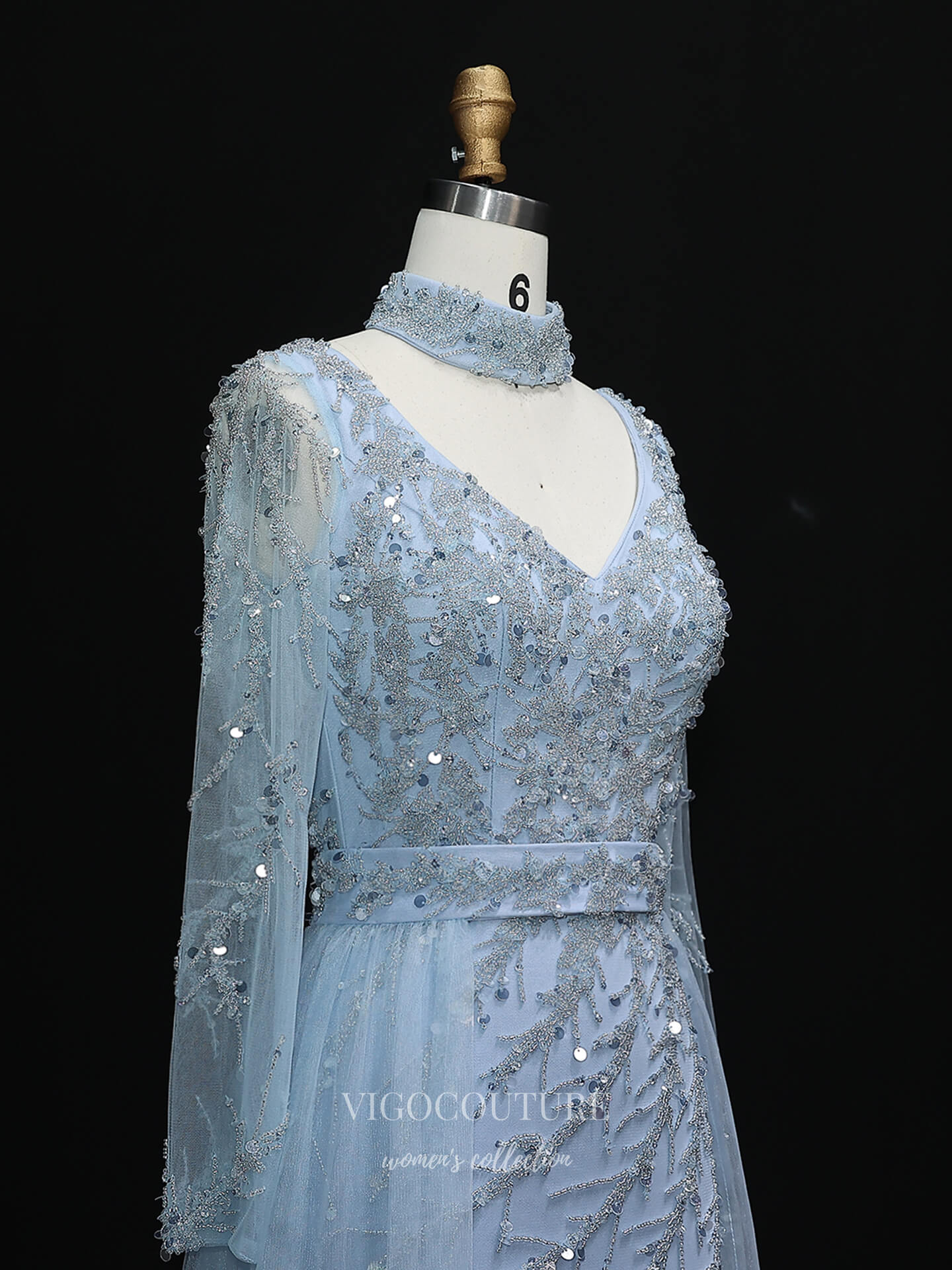 Evening Gown 2025 to impress Light Blue Beaded A-Line Evening Gown with Sheer Overlay Tulle Skirt, V Neck & Long Sleeves – 26036-vigocouture-vigocouture