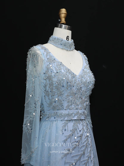 Evening Gown 2025 to impress Light Blue Beaded A-Line Evening Gown with Sheer Overlay Tulle Skirt, V Neck & Long Sleeves – 26036-vigocouture-vigocouture