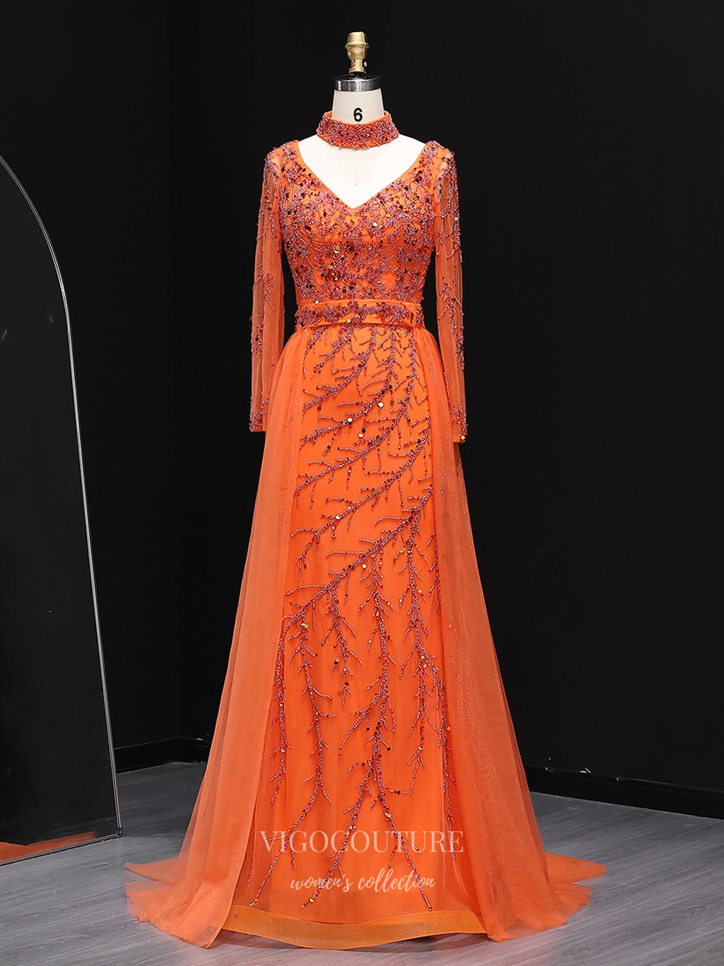 Orange Beaded A-Line Evening Gown with Sheer Overlay Tulle Skirt, V Neck & Long Sleeves – 26036