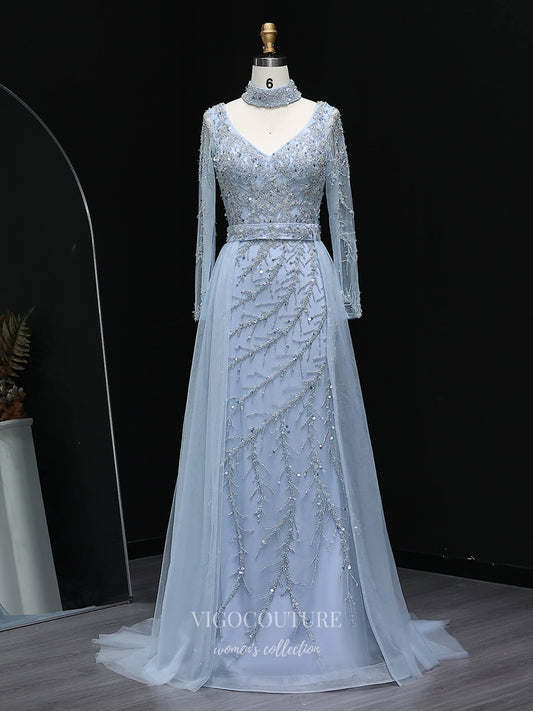 Light Blue Beaded A-Line Evening Gown with Sheer Overlay Tulle Skirt, V Neck & Long Sleeves – 26036