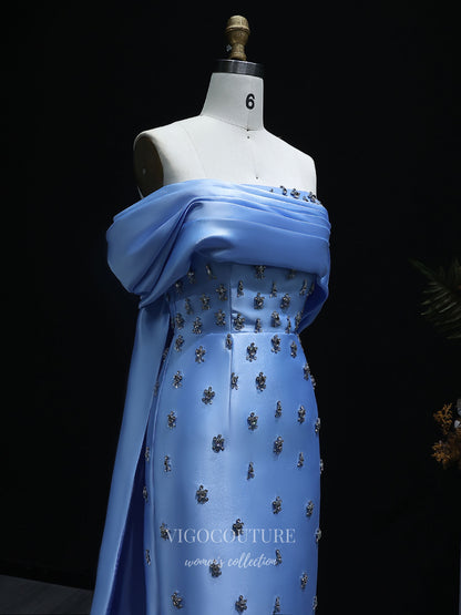 Evening Gown 2025 to impress Light Blue Off-the-Shoulder Satin Sheath Evening Gown with Allover Beaded Appliqué & Draped Shawl Back – 26027-vigocouture-vigocouture