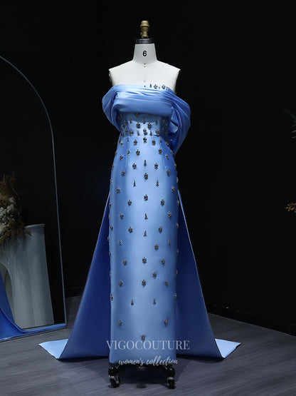 Light Blue Off-the-Shoulder Satin Sheath Evening Gown with Allover Beaded Appliqué & Draped Shawl Back – 26027