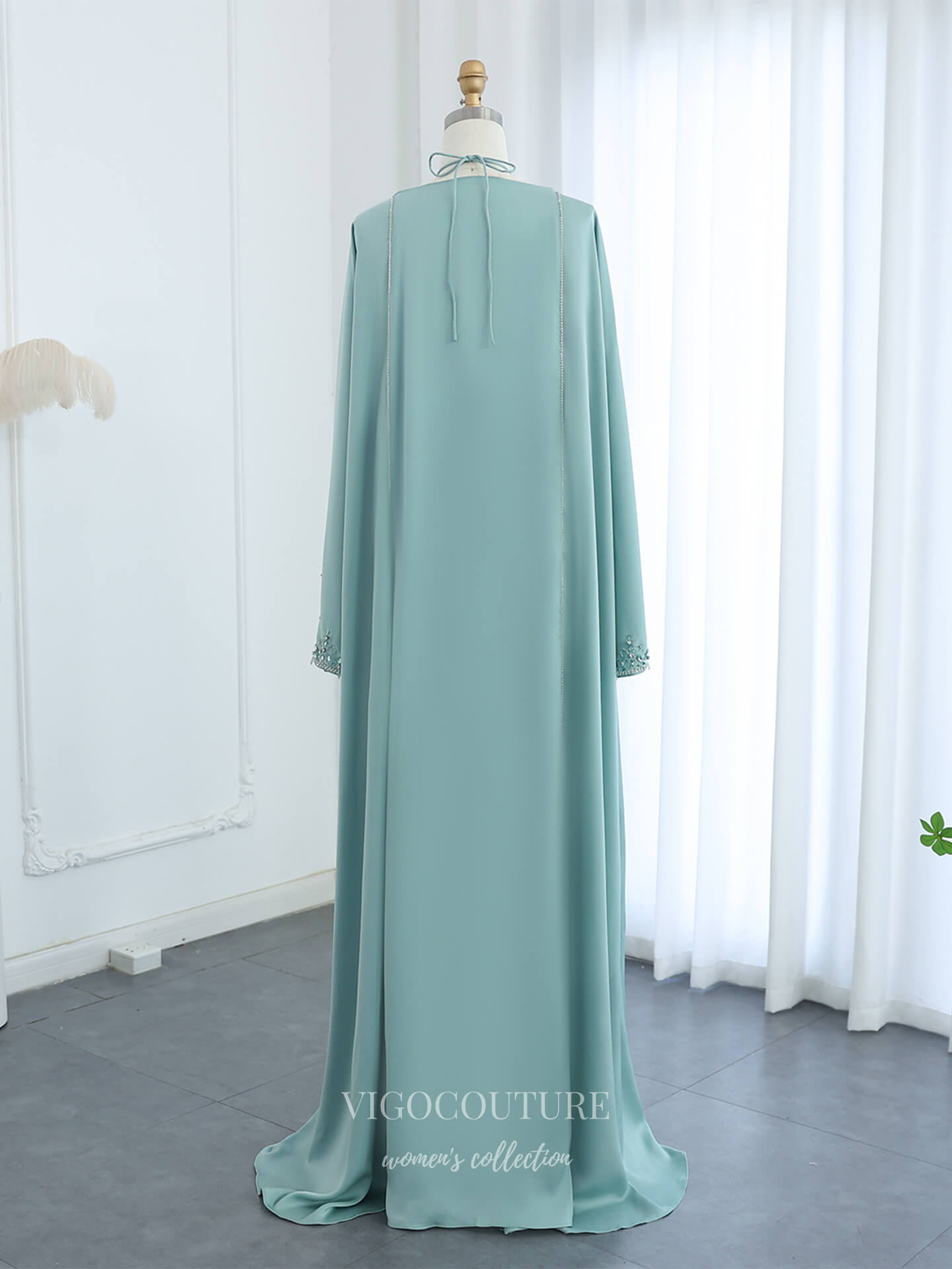 Evening Gown 2025 to impress Mint Green Beaded Halter Neck Sheath Evening Gown with Cape Sleeves & Embroidered Bodice – 26026-vigocouture-vigocouture