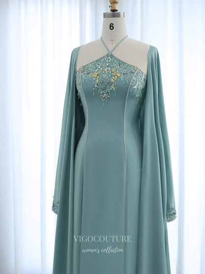 Evening Gown 2025 to impress Mint Green Beaded Halter Neck Sheath Evening Gown with Cape Sleeves & Embroidered Bodice – 26026-vigocouture-vigocouture