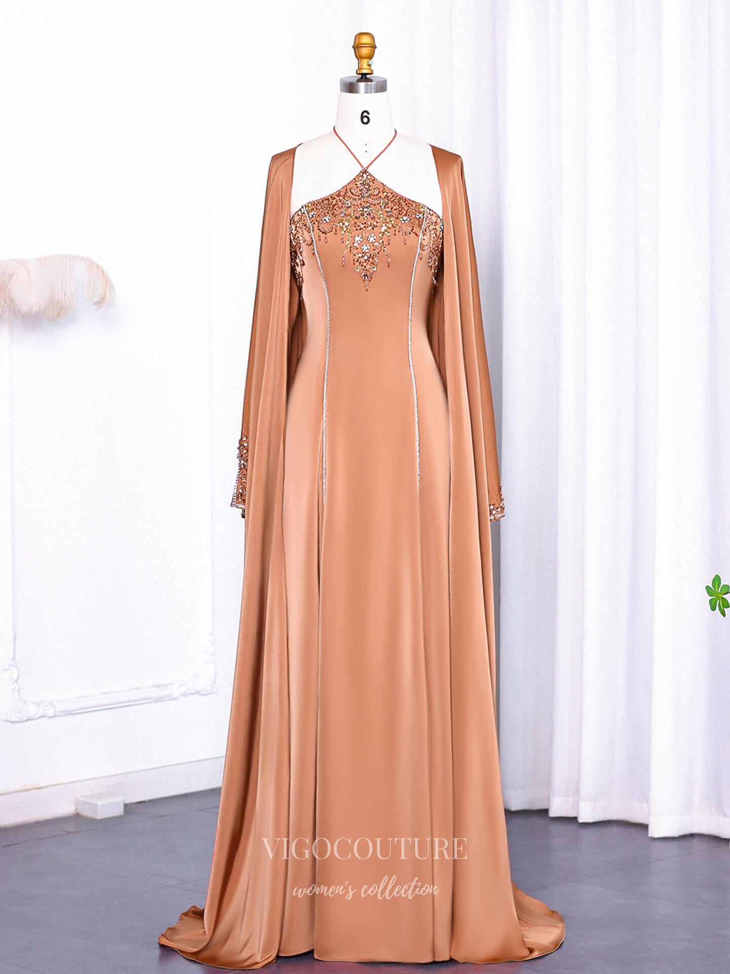 Orange Beaded Halter Neck Sheath Evening Gown with Cape Sleeves & Embroidered Bodice – 26026