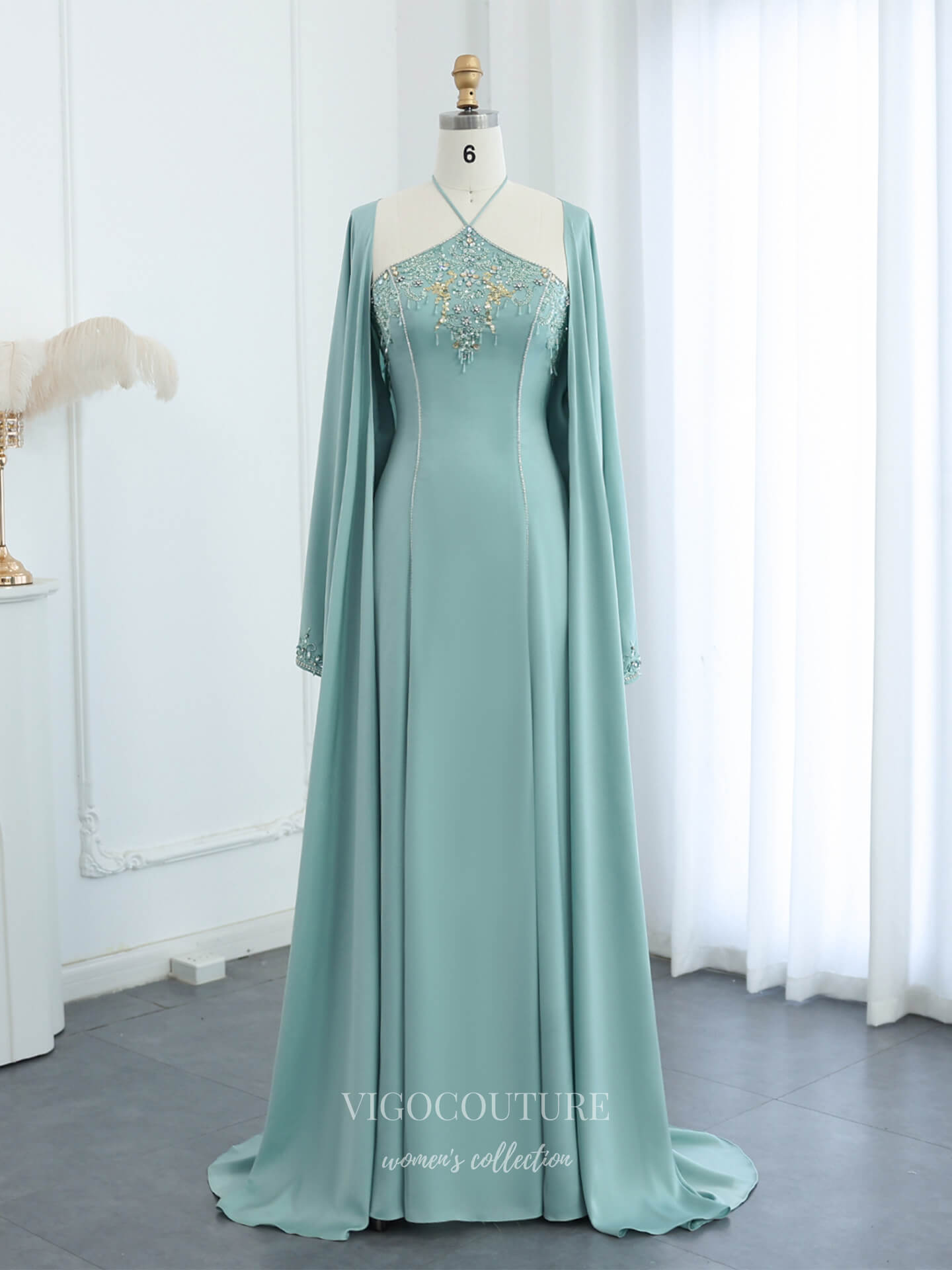 Mint Green Beaded Halter Neck Sheath Evening Gown with Cape Sleeves & Embroidered Bodice – 26026