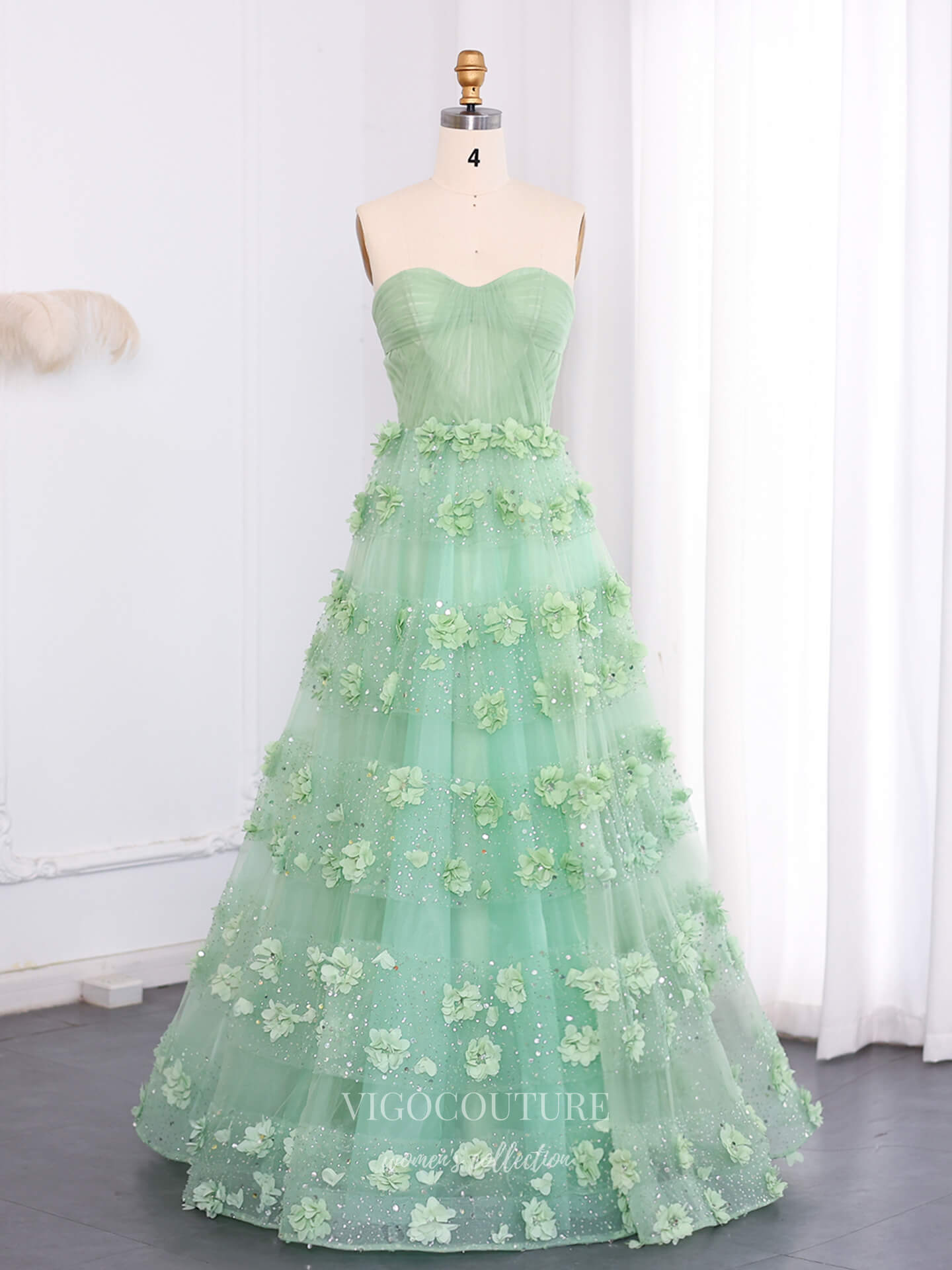 Mint Green Convertible Strapless A-Line Evening Gown with 3D Floral Appliqué & Sparkly Tulle Skirt – 26018