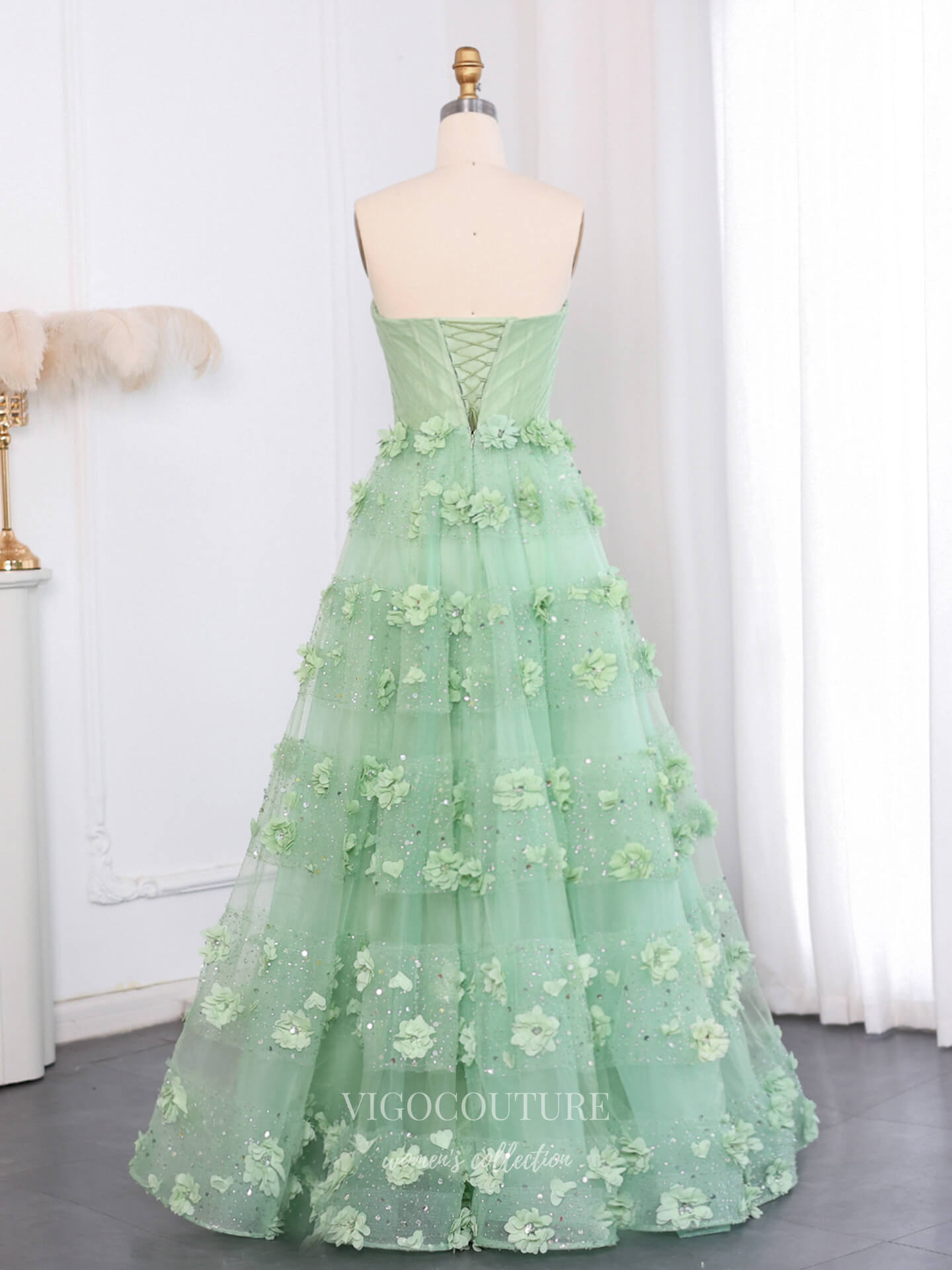 Prom Dresses 2025 to impress Mint Green Convertible Strapless A-Line Evening Gown with 3D Floral Appliqué & Sparkly Tulle Skirt – 26018-vigocouture-vigocouture