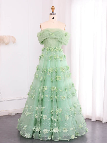 Mint Green Convertible Strapless A-Line Evening Gown with 3D Floral Appliqué & Sparkly Tulle Skirt – 26018