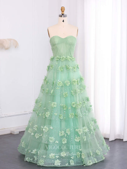 Mint Green Convertible Strapless A-Line Evening Gown with 3D Floral Appliqué & Sparkly Tulle Skirt – 26018