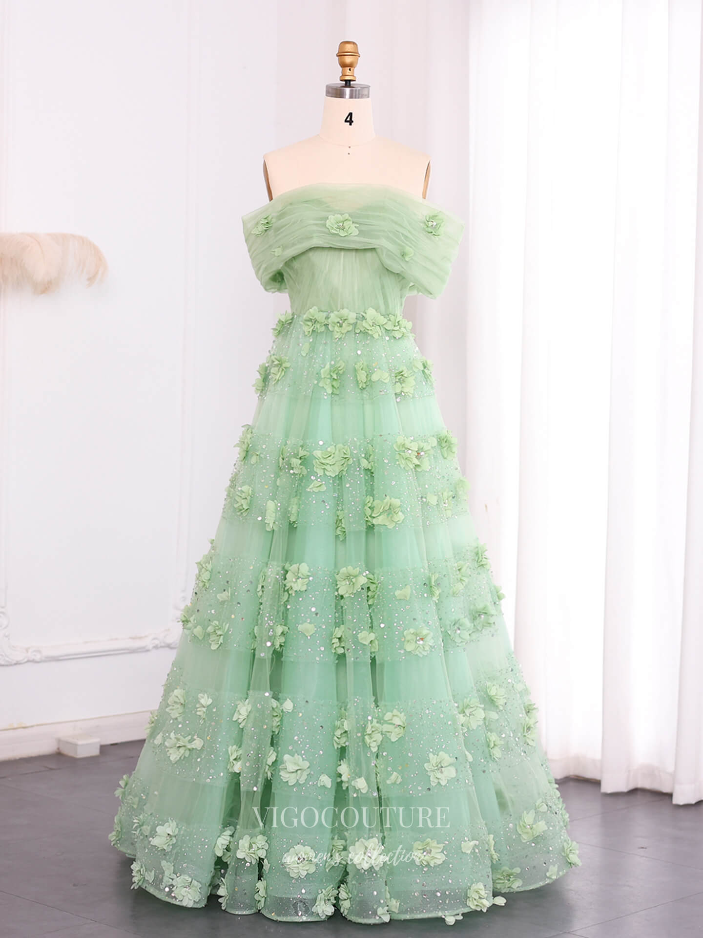 Mint Green Convertible Strapless A-Line Evening Gown with 3D Floral Appliqué & Sparkly Tulle Skirt – 26018
