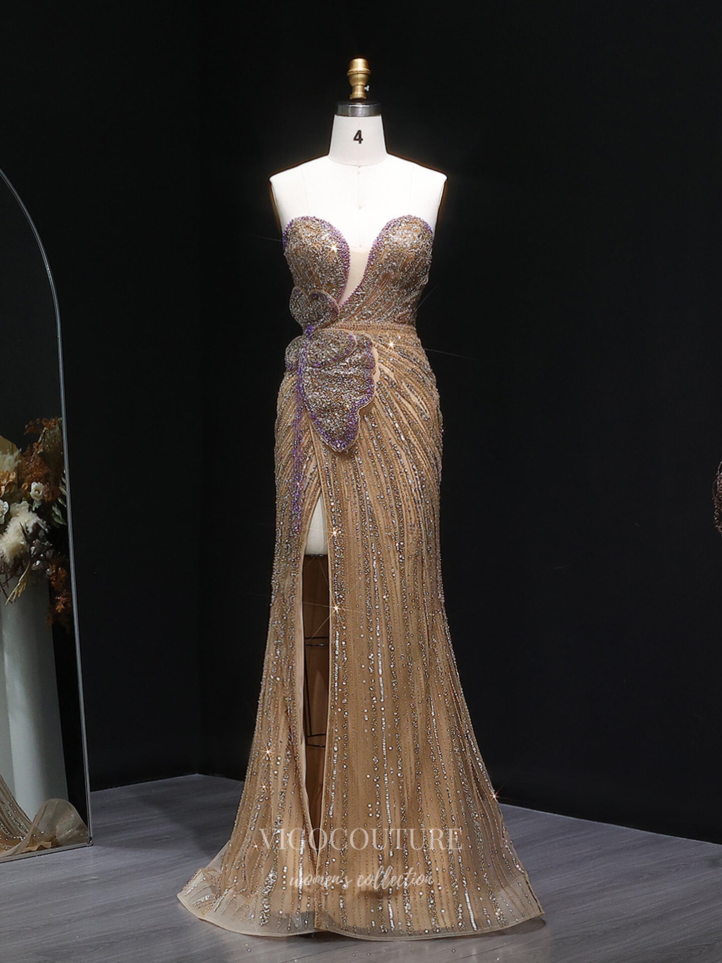 Champagne Strapless Beaded Sheath Evening Gown with Butterfly Appliqué, Sweetheart Neckline & High Slit – 26029
