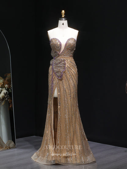 Champagne Strapless Beaded Sheath Evening Gown with Butterfly Appliqué, Sweetheart Neckline & High Slit – 26029