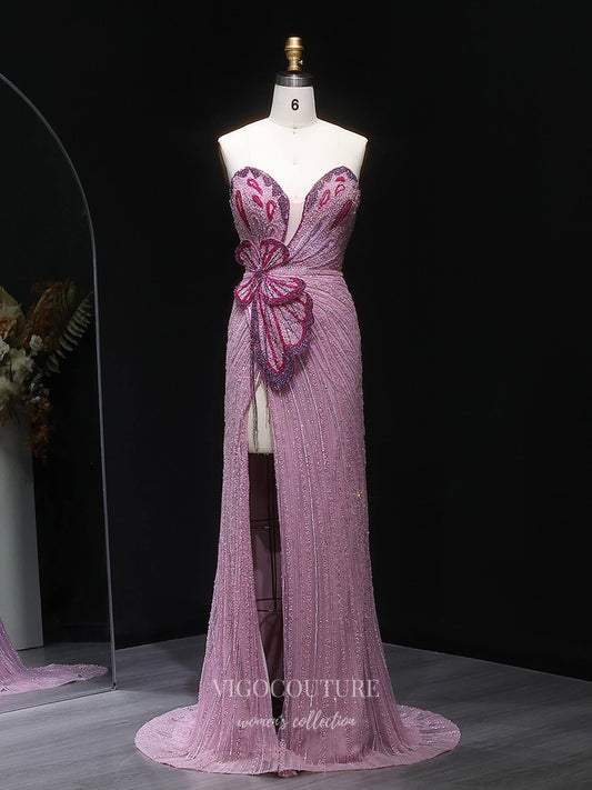 Pink Strapless Beaded Sheath Evening Gown with Butterfly Appliqué, Sweetheart Neckline & High Slit – 26029
