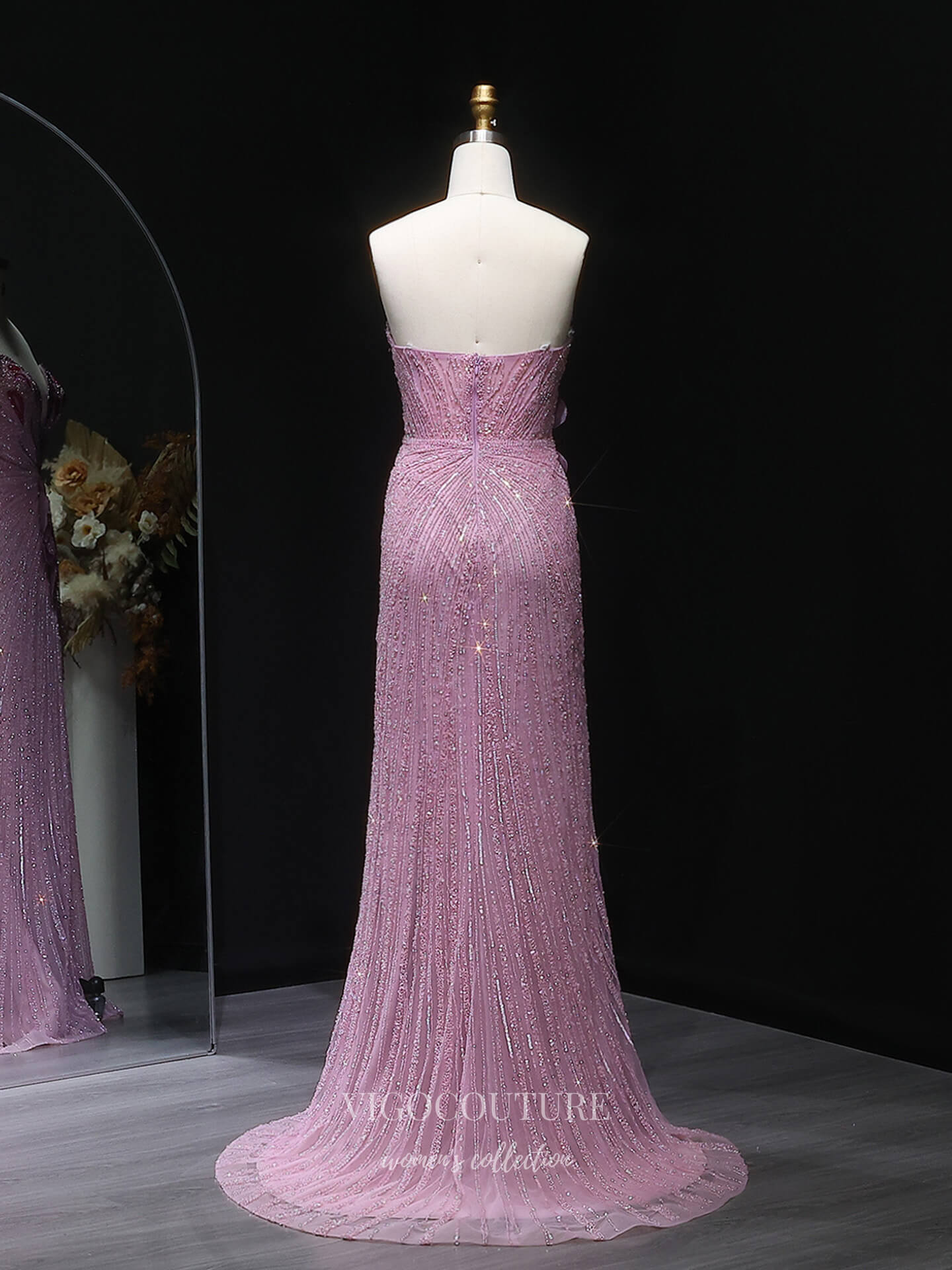 Evening Gown 2025 to impress Pink Strapless Beaded Sheath Evening Gown with Butterfly Appliqué, Sweetheart Neckline & High Slit – 26029-vigocouture-vigocouture