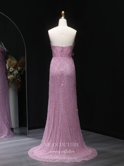 Evening Gown 2025 to impress Pink Strapless Beaded Sheath Evening Gown with Butterfly Appliqué, Sweetheart Neckline & High Slit – 26029-vigocouture-vigocouture