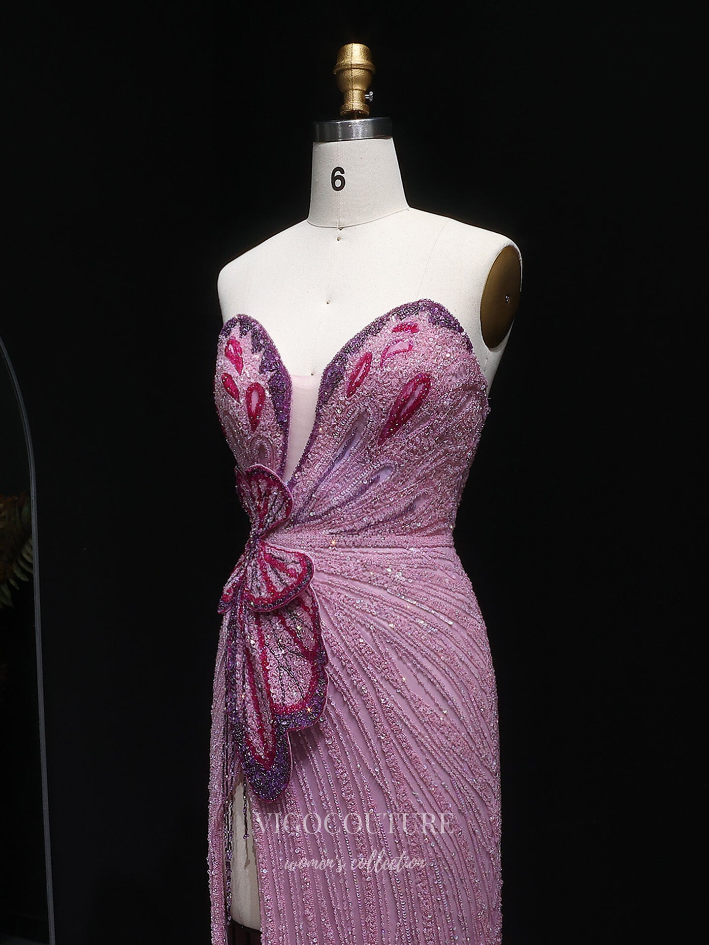 Evening Gown 2025 to impress Pink Strapless Beaded Sheath Evening Gown with Butterfly Appliqué, Sweetheart Neckline & High Slit – 26029-vigocouture-vigocouture