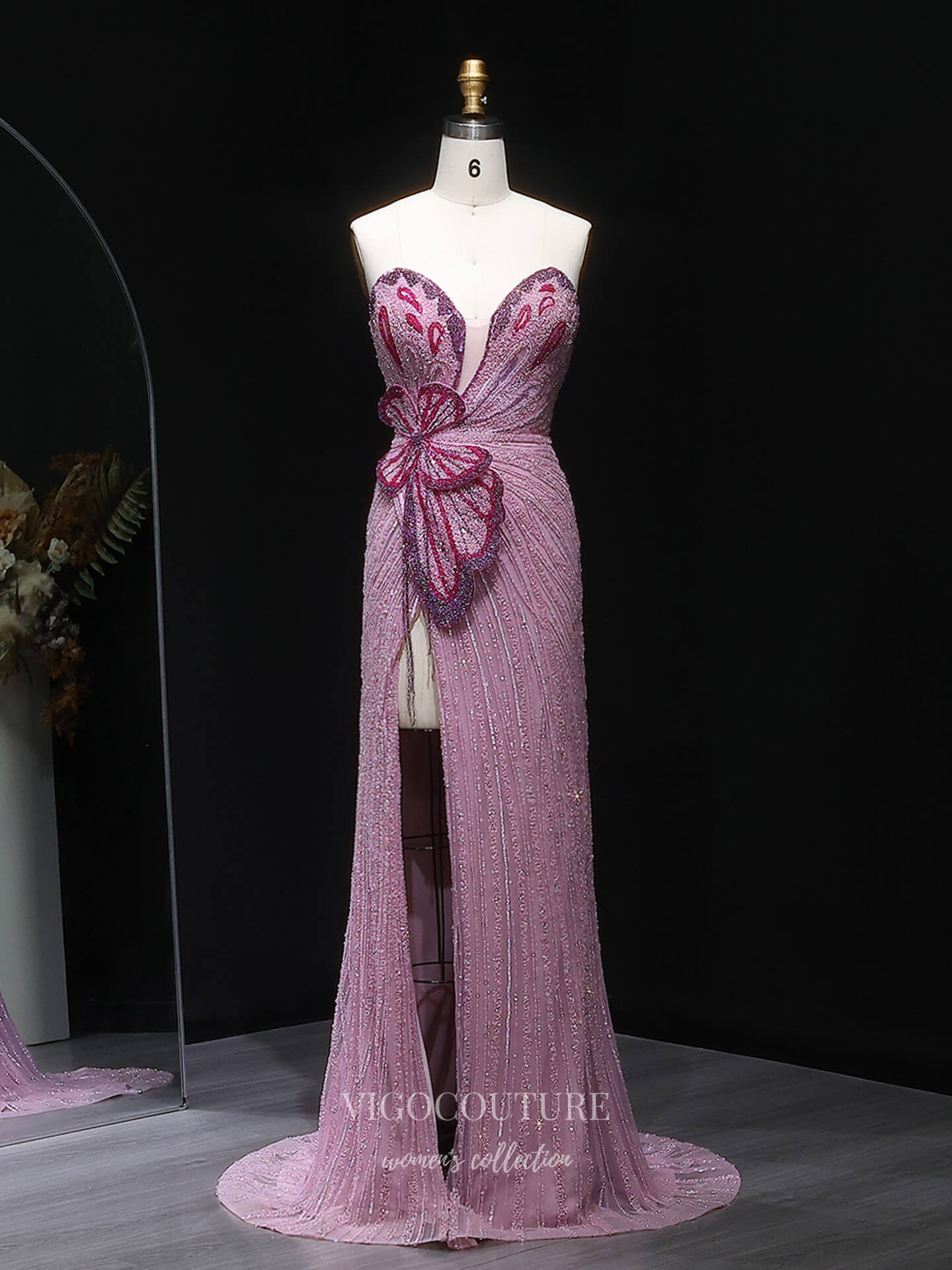Pink Strapless Beaded Sheath Evening Gown with Butterfly Appliqué, Sweetheart Neckline & High Slit – 26029