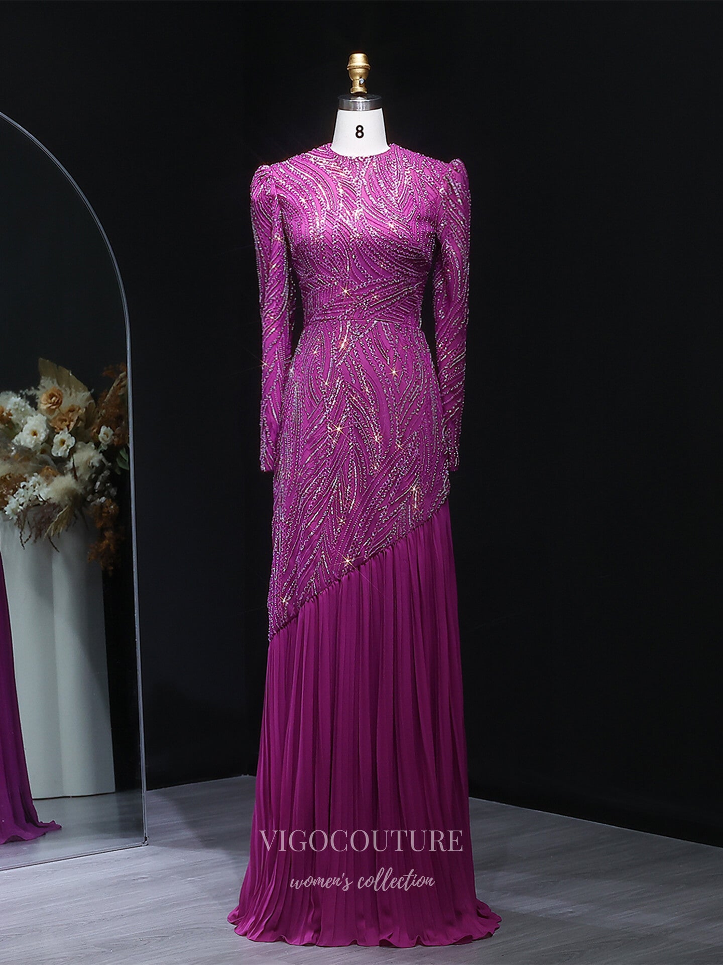 Purple Beaded Long Sleeve Evening Gown with Round Neck, Asymmetrical Beading & Pleated Chiffon Skirt – 26021