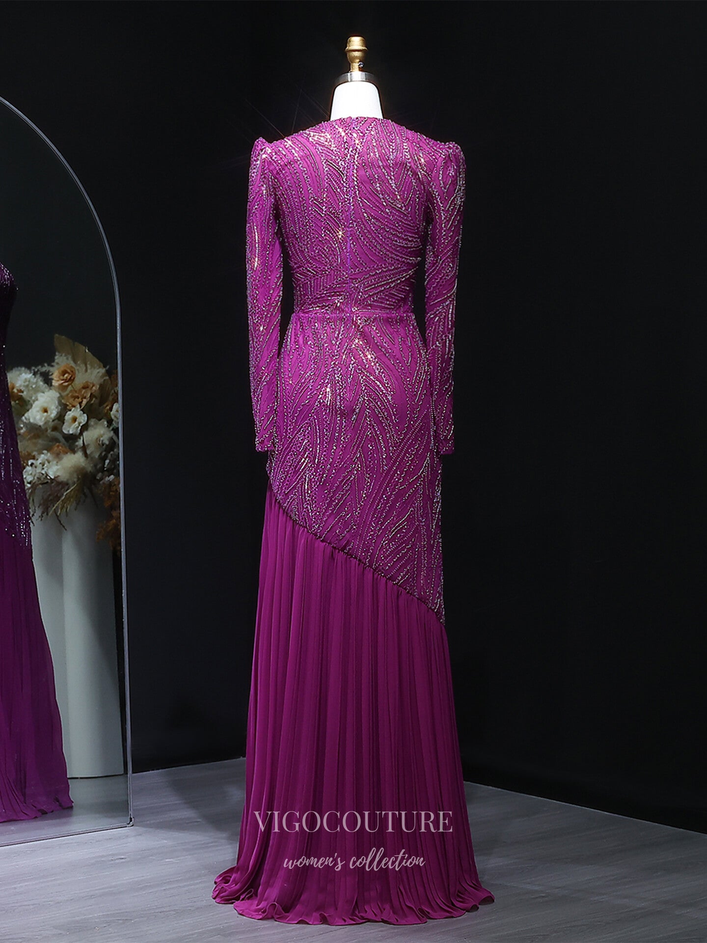 Prom Dresses 2025 to impress Purple Beaded Long Sleeve Evening Gown with Round Neck, Asymmetrical Beading & Pleated Chiffon Skirt – 26021-vigocouture-vigocouture