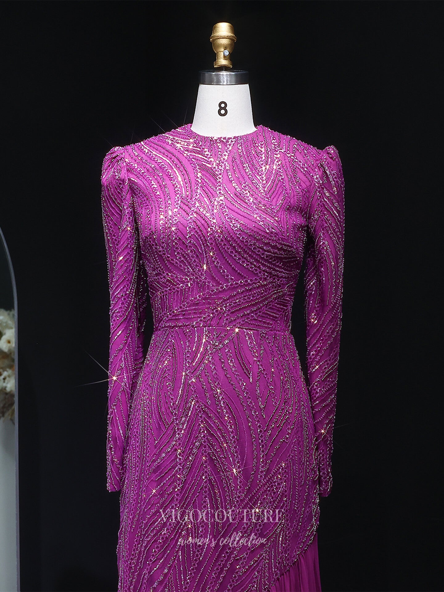 Prom Dresses 2025 to impress Purple Beaded Long Sleeve Evening Gown with Round Neck, Asymmetrical Beading & Pleated Chiffon Skirt – 26021-vigocouture-vigocouture