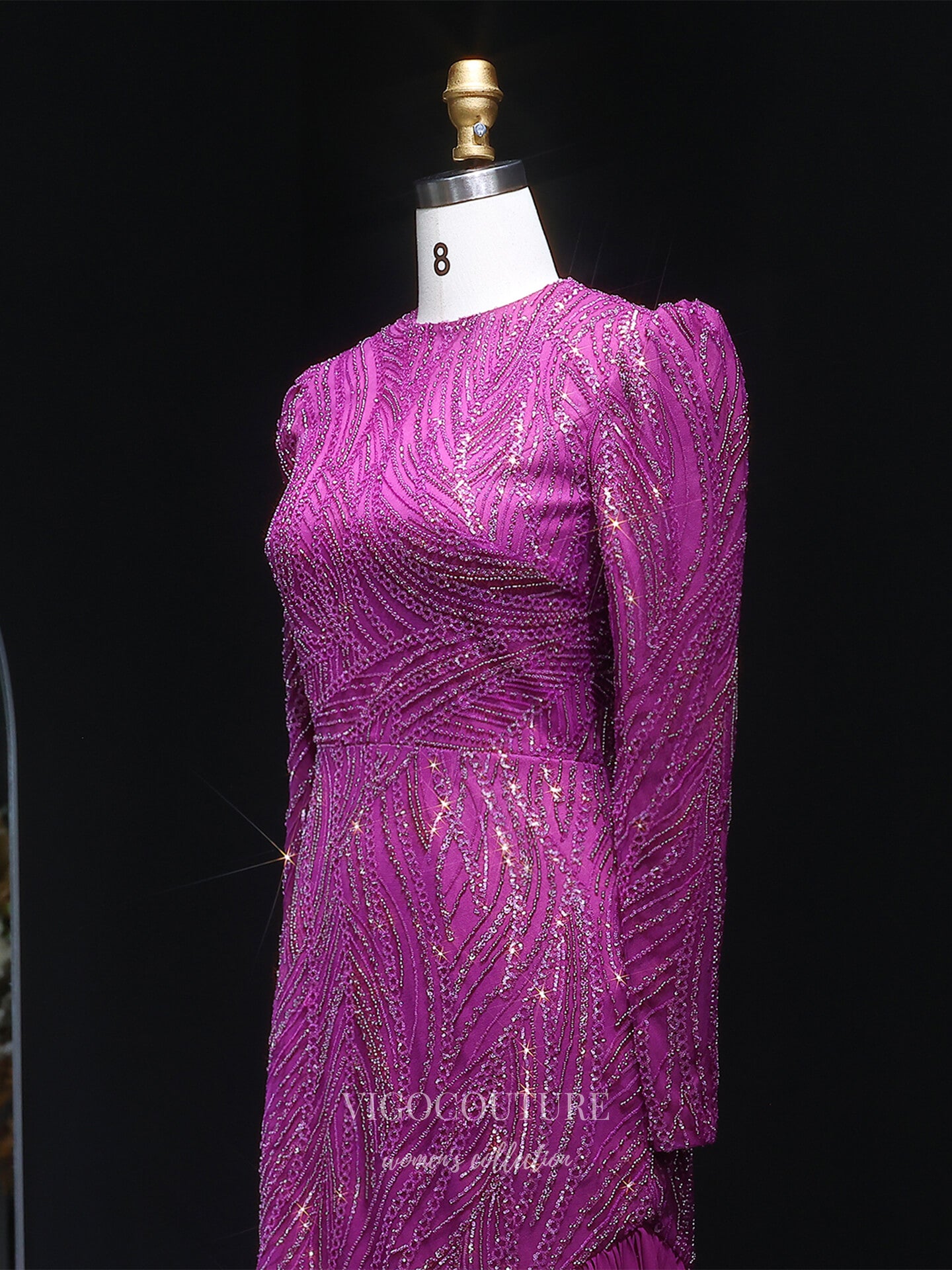 Prom Dresses 2025 to impress Purple Beaded Long Sleeve Evening Gown with Round Neck, Asymmetrical Beading & Pleated Chiffon Skirt – 26021-vigocouture-vigocouture