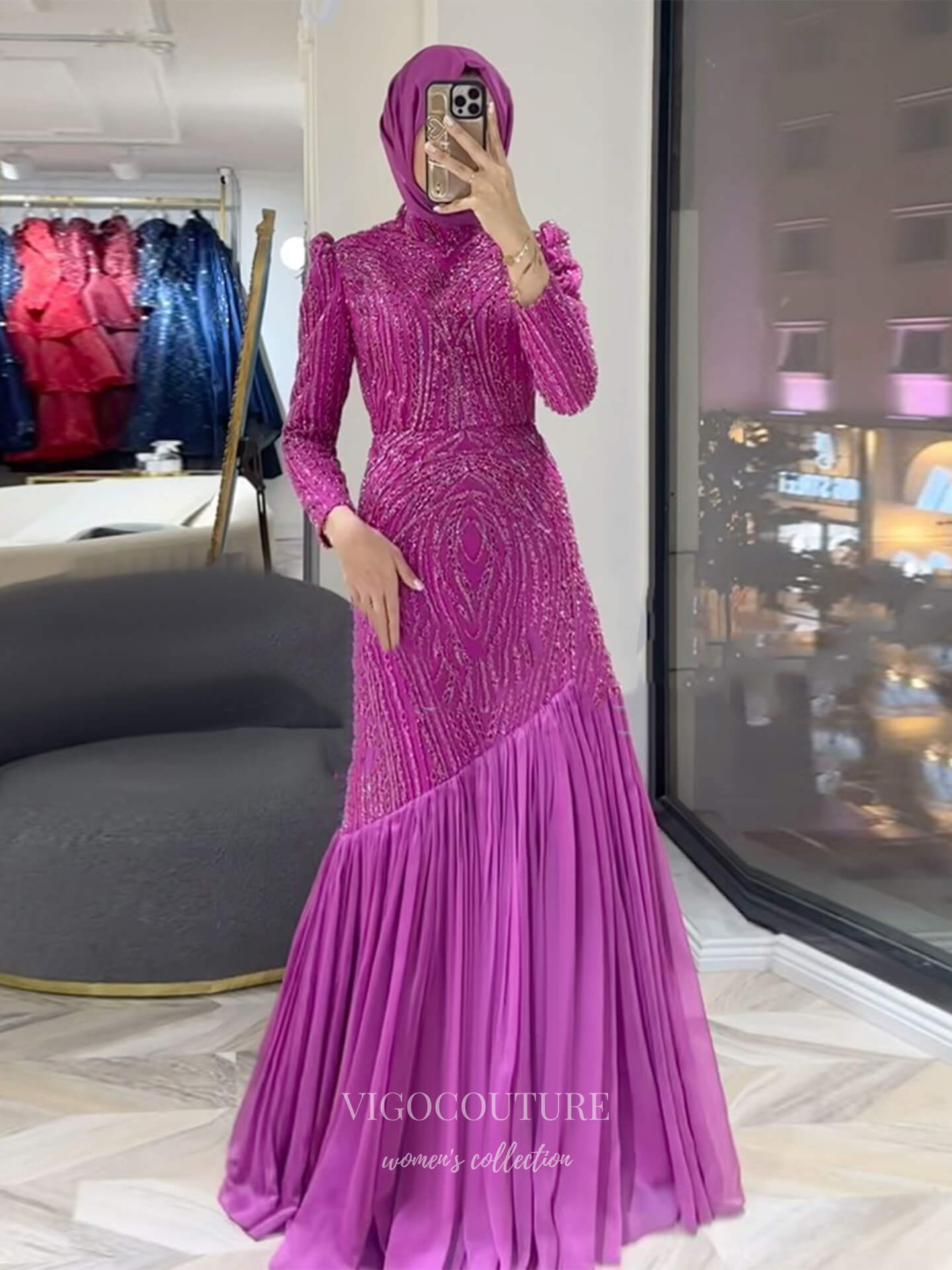 Purple Beaded Long Sleeve Evening Gown with Round Neck, Asymmetrical Beading & Pleated Chiffon Skirt – 26021