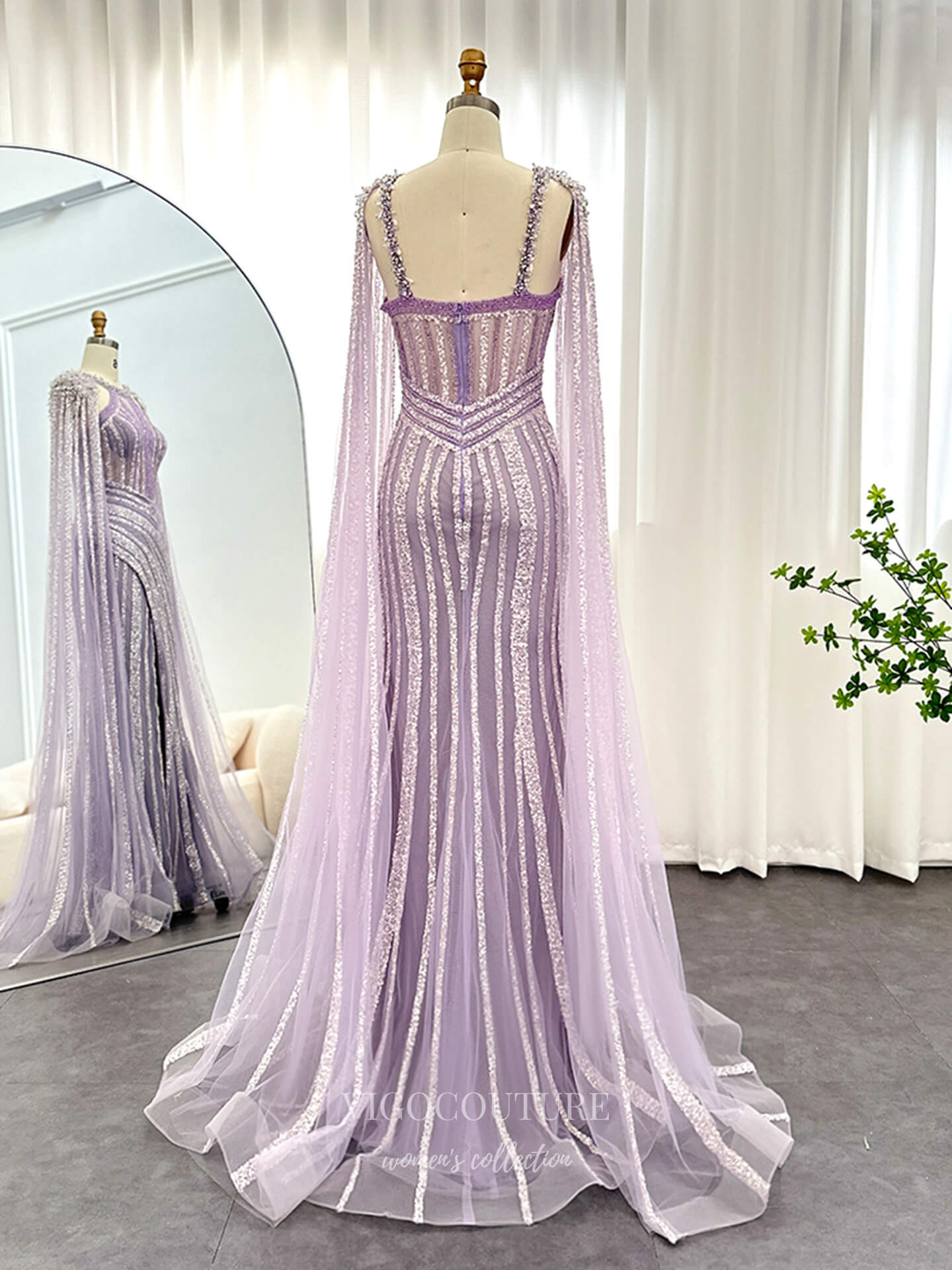 Lavender Beaded Sheath Evening Gown with Sheer Cape Sleeves, Deep V Illusion Bodice & High Slit – 26040