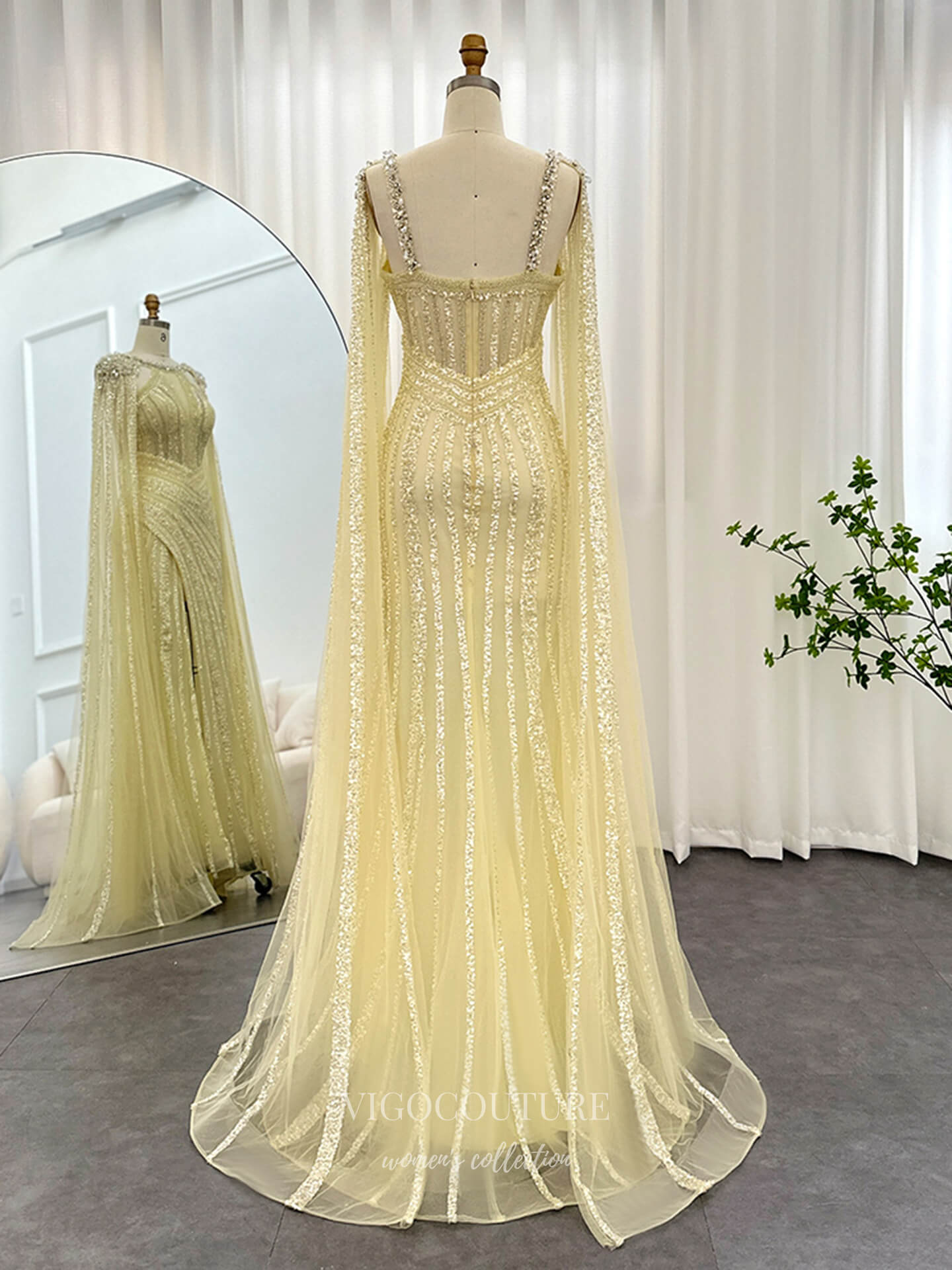 Evening Gown 2025 to impress Radiant Beaded Sheath Evening Gown with Sheer Cape Sleeves, Deep V Illusion Bodice & High Slit – 26040-vigocouture-vigocouture