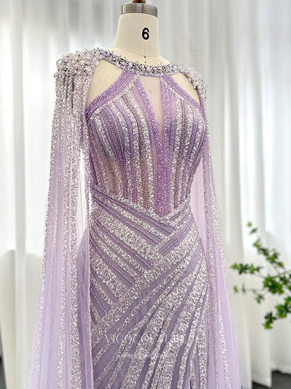 Evening Gown 2025 to impress Radiant Beaded Sheath Evening Gown with Sheer Cape Sleeves, Deep V Illusion Bodice & High Slit – 26040-vigocouture-vigocouture