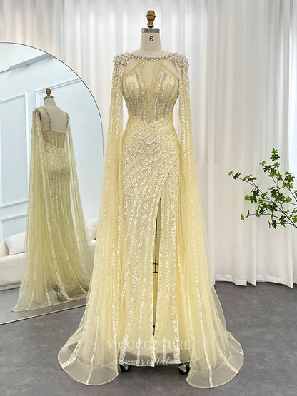 Yellow Beaded Sheath Evening Gown with Sheer Cape Sleeves, Deep V Illusion Bodice & High Slit – 26040